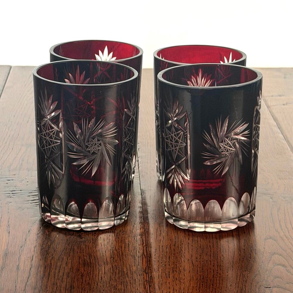 Vintage Set of 4 Ruby Red Cut to Clear Crystal Tumbler | Vintage Barware